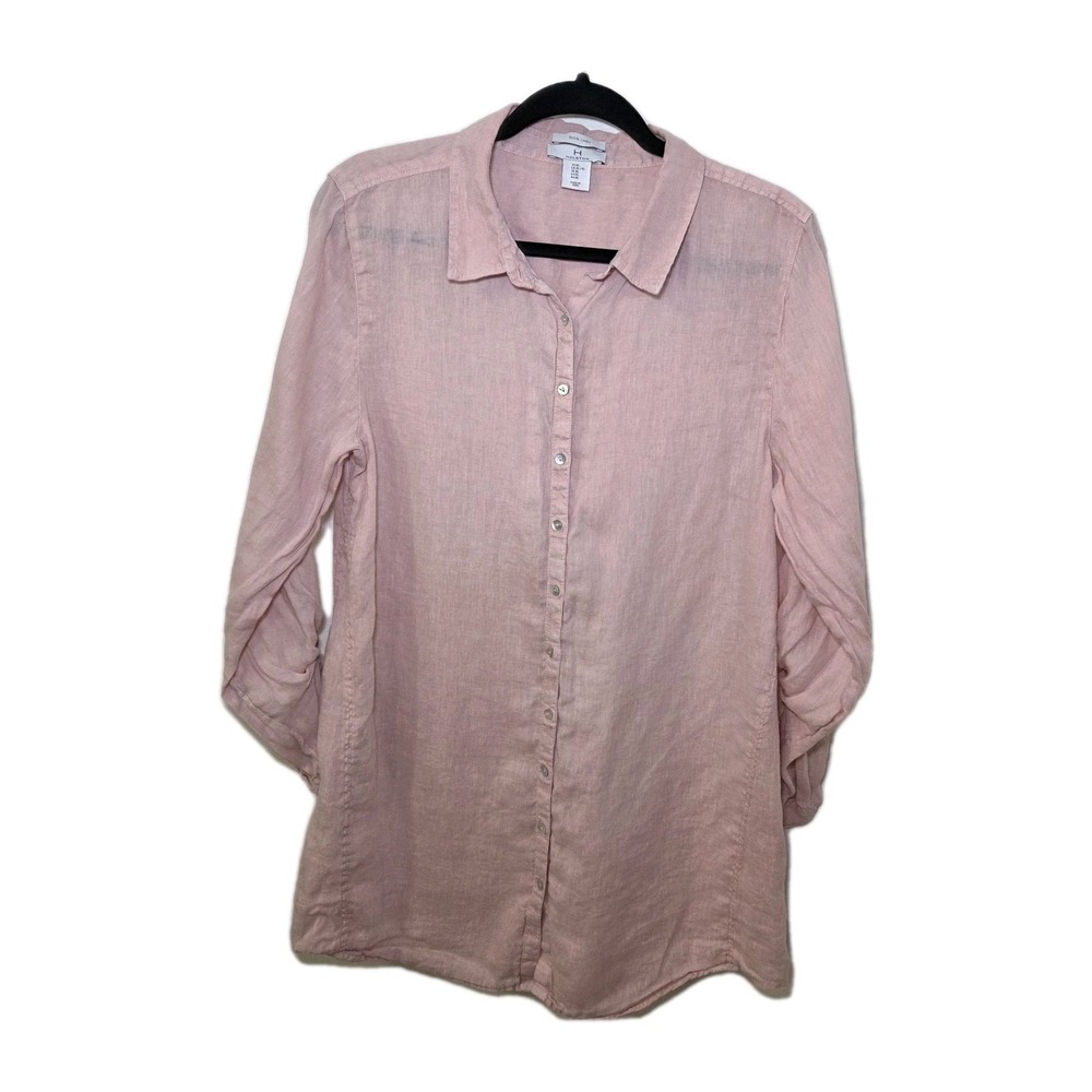 H Halston 100% Linen Button Down Blouse XL Pink Roll Tab